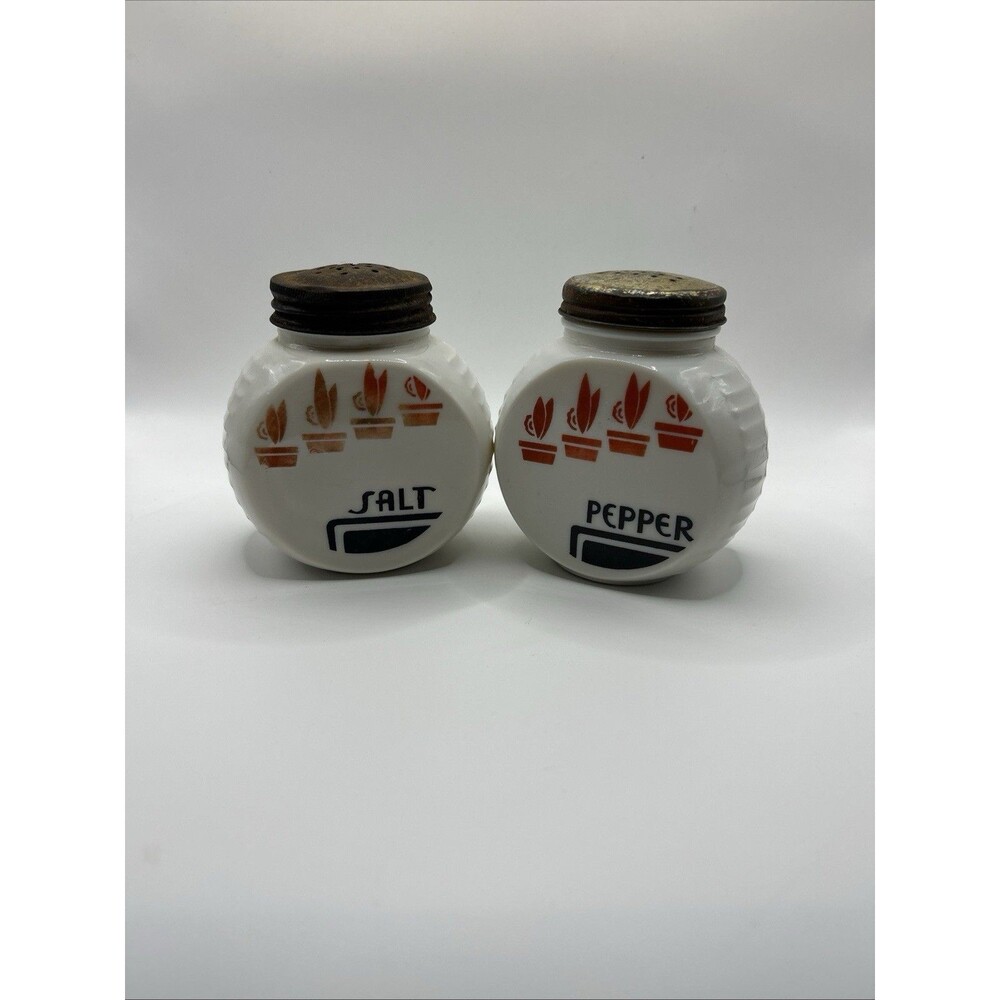 Vtg Fire-King Vitrock Milk Glass Red Flower Pot Salt Pepper Shakers Set/2